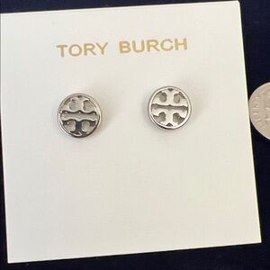 Tory Burch Polished Silver Round Logo Studs